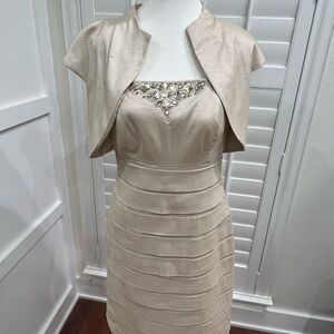 “Elegant Champagne Beaded Cocktail Dress with Matching Bolero - Size 8